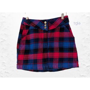 TGLA Plaid Mini Skirt Red Blue Tartan Button Waist Holiday Preppy